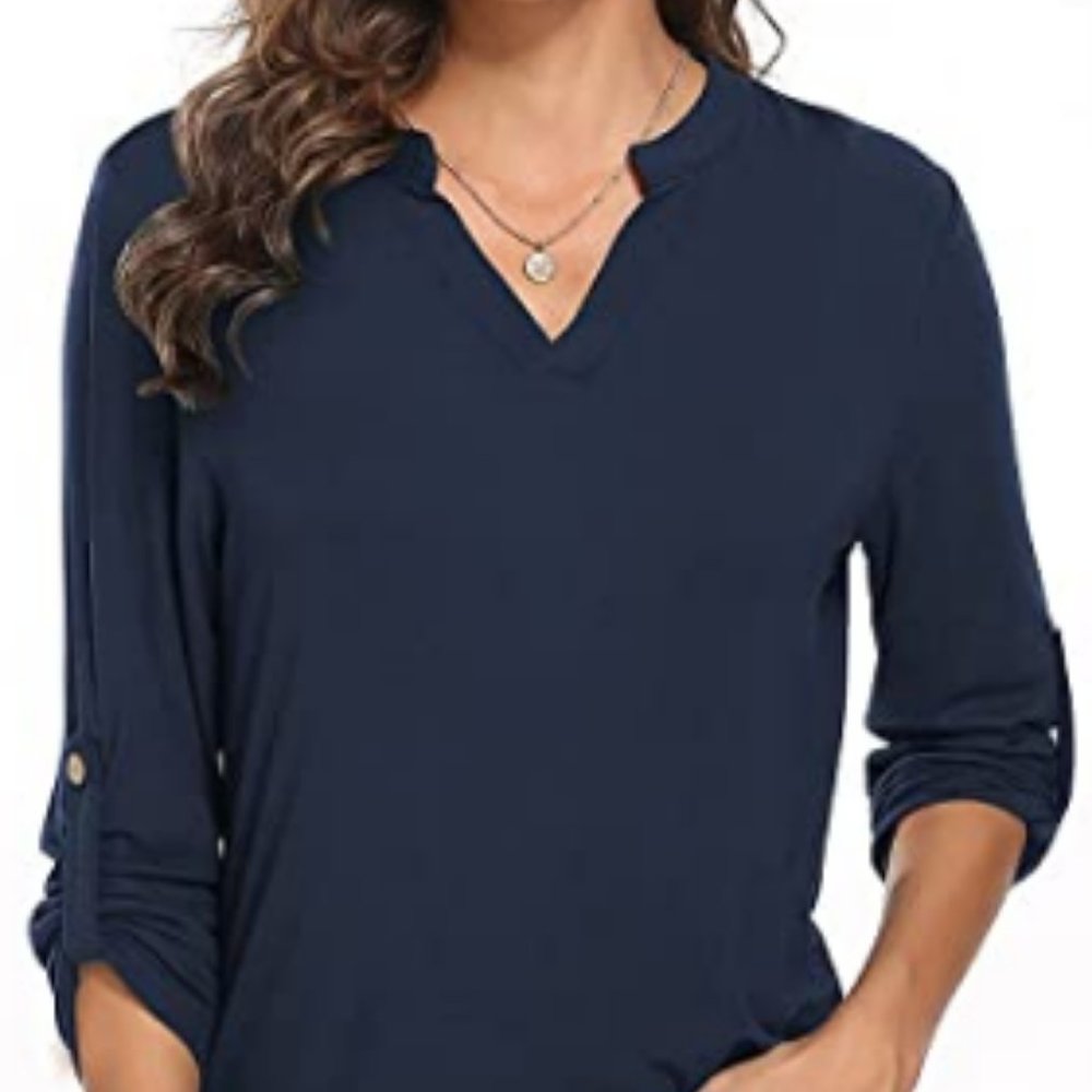 Women's 3/4 Roll Sleeve V Neck Tops Casual Tunic Shirts Loose Blouse Ladies Tops
